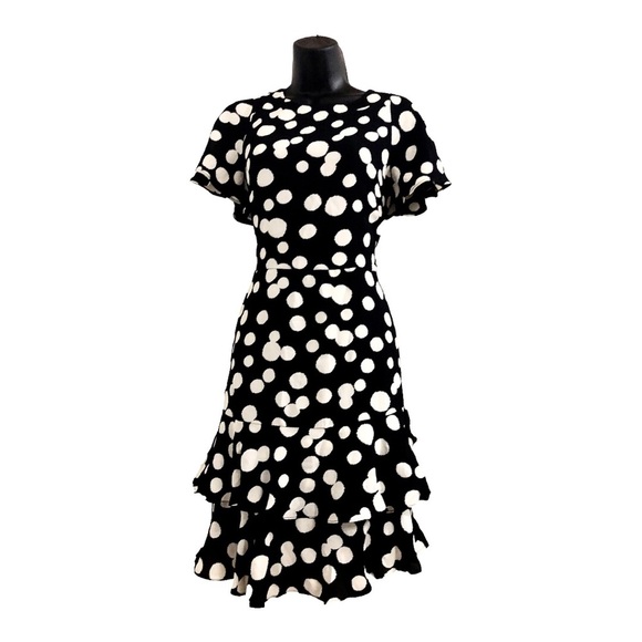 Nicole miller studio black oversize polka dot flutter hem flirty dress size 2 - Picture 4 of 16